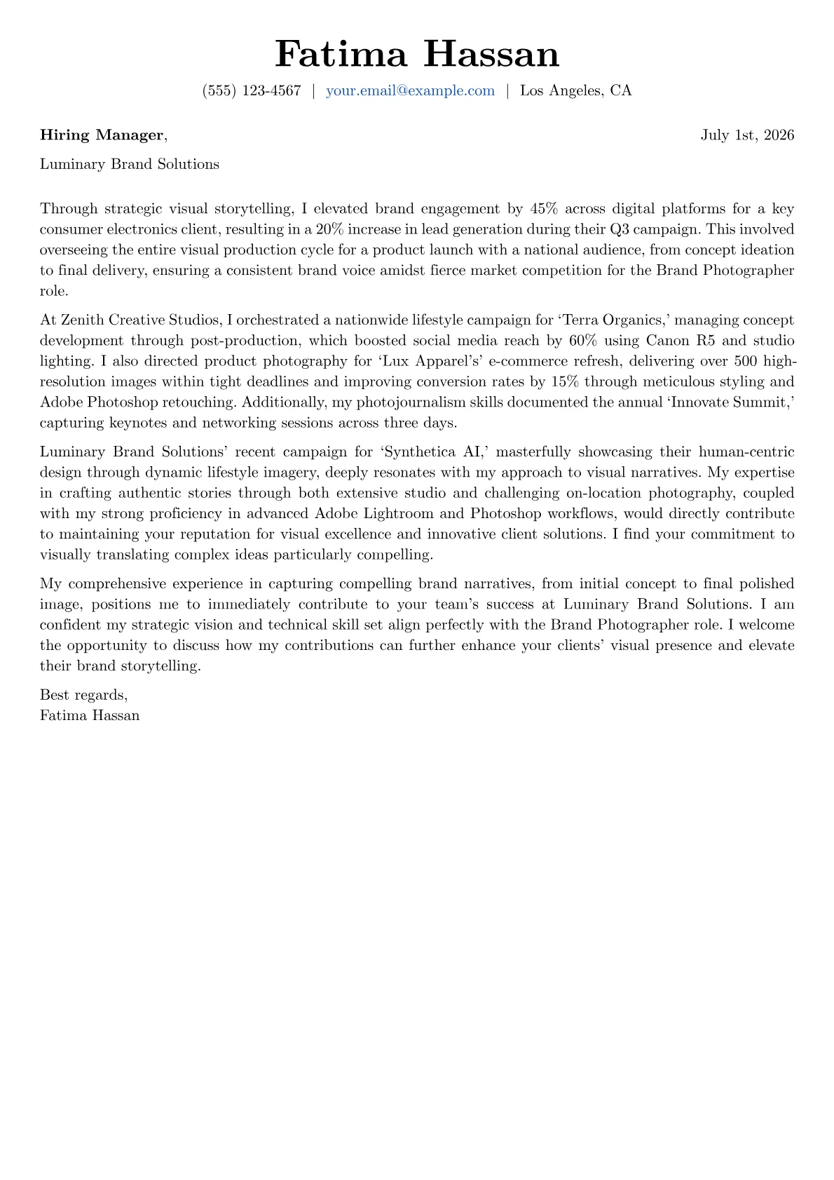 Brand Photographer cover letter formatted with a JobSprout template