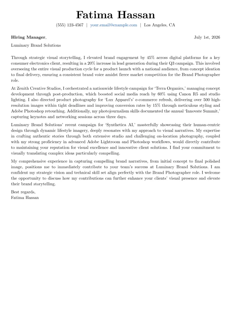 Brand Photographer cover letter example preview