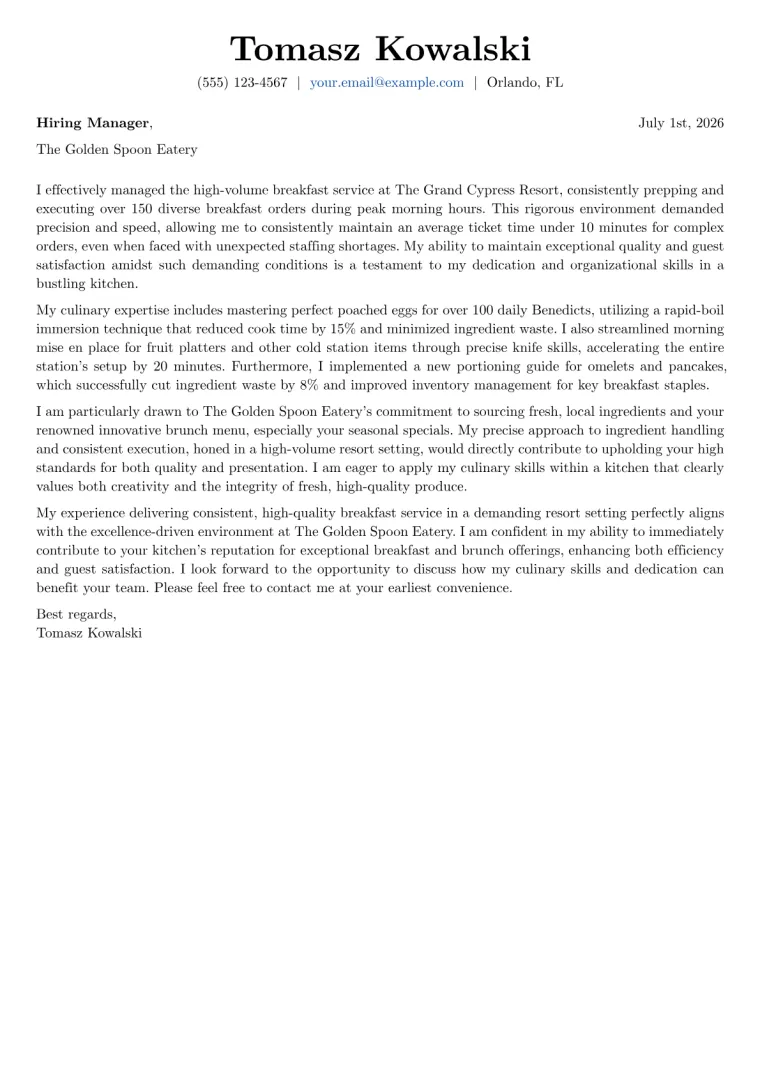Breakfast Cook cover letter example preview