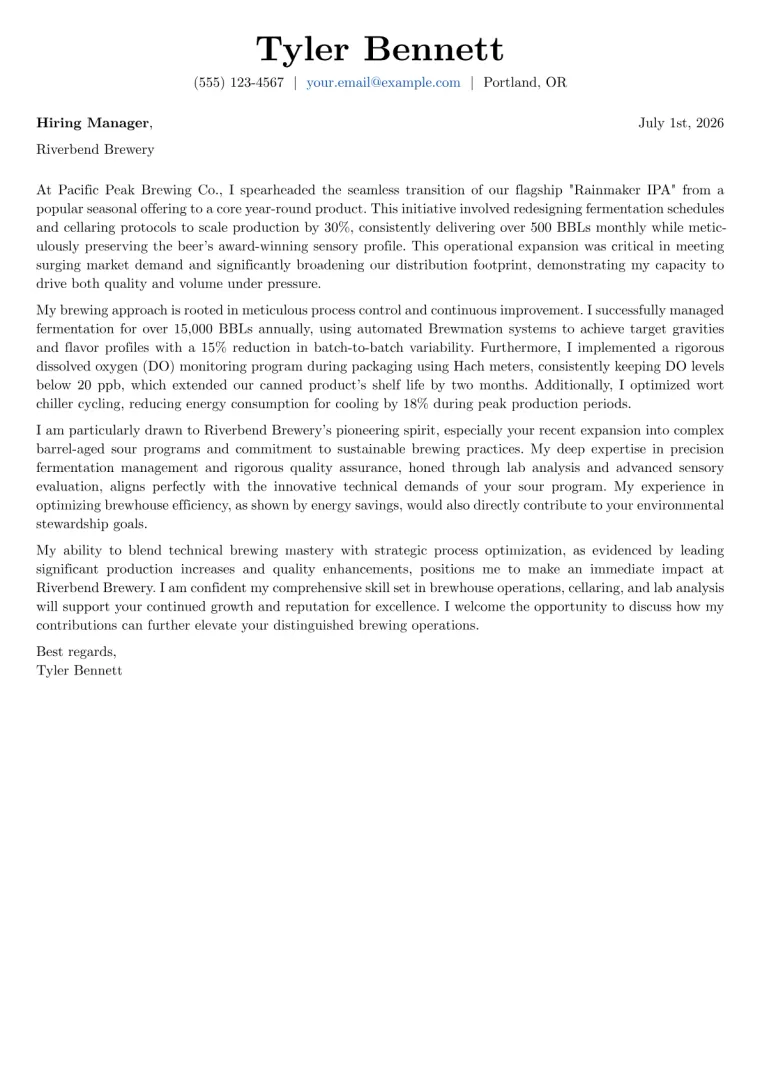 Brewmaster Cover Letter Example