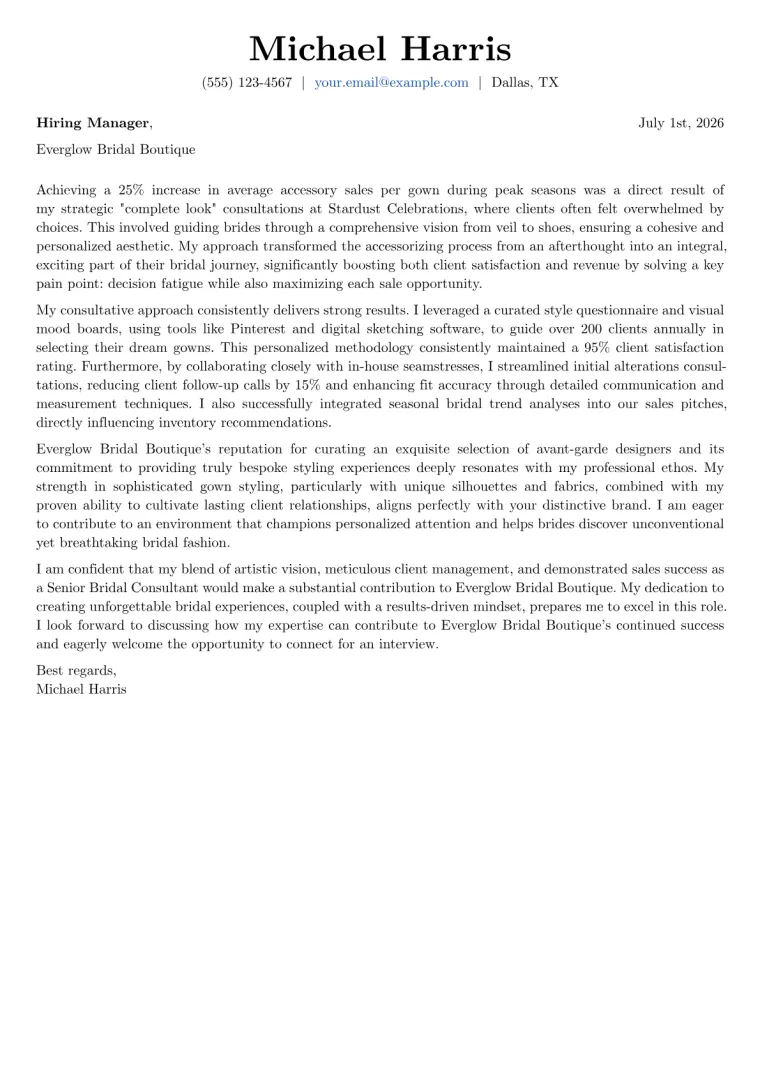 Bridal Consultant Cover Letter Example