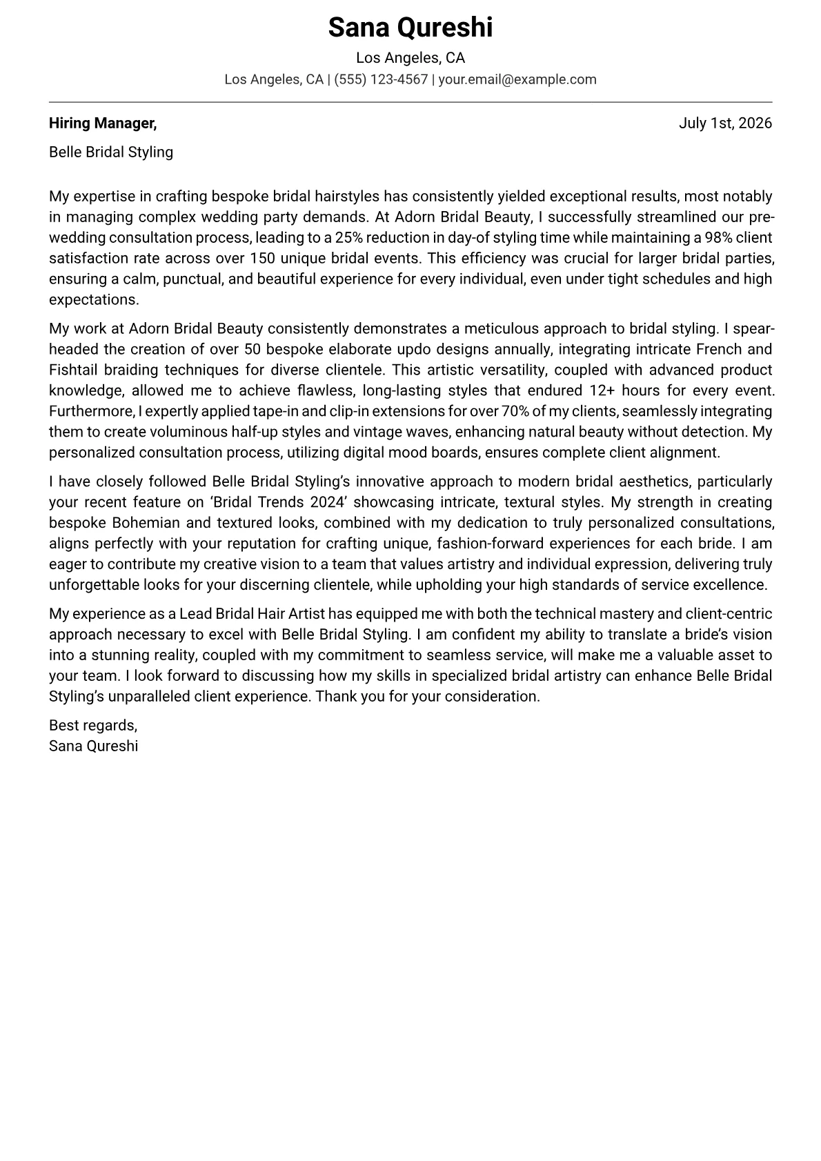 Bridal Hair Specialist cover letter formatted with a JobSprout template