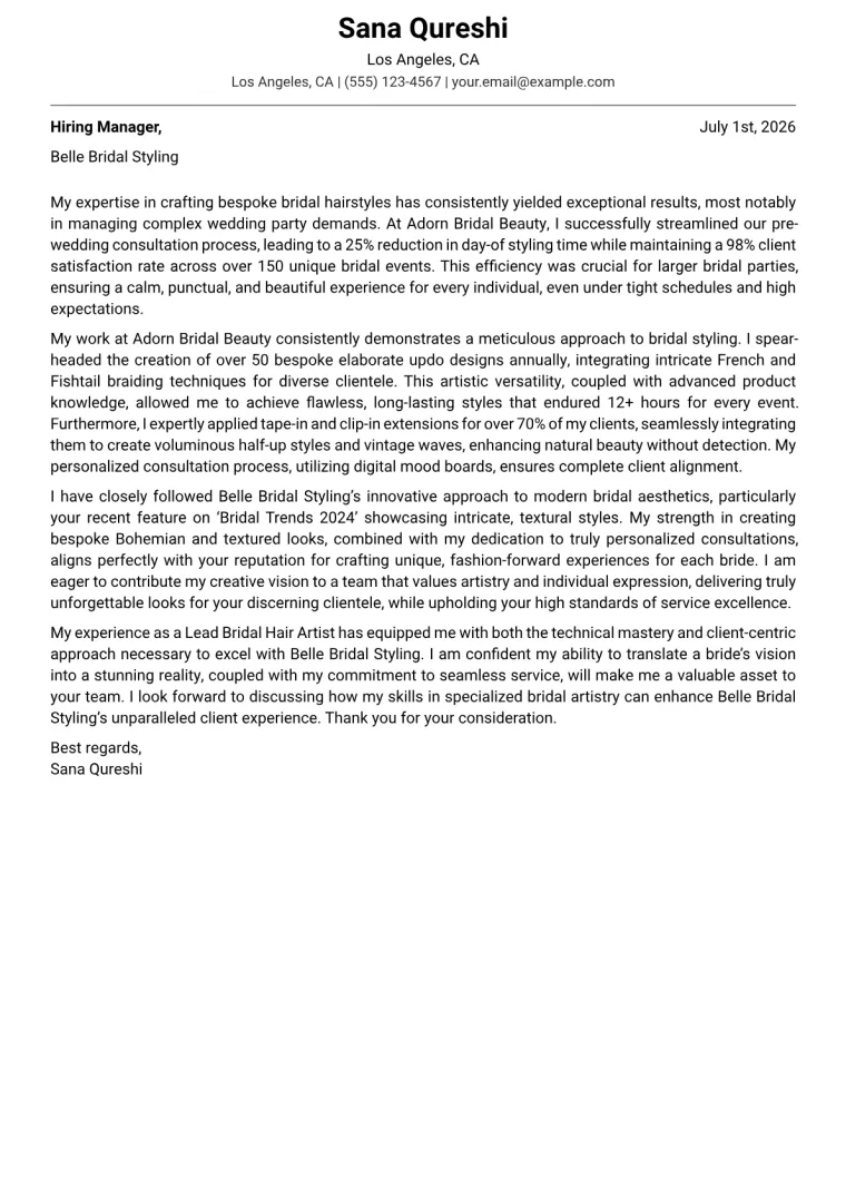 Bridal Hair Specialist cover letter example preview