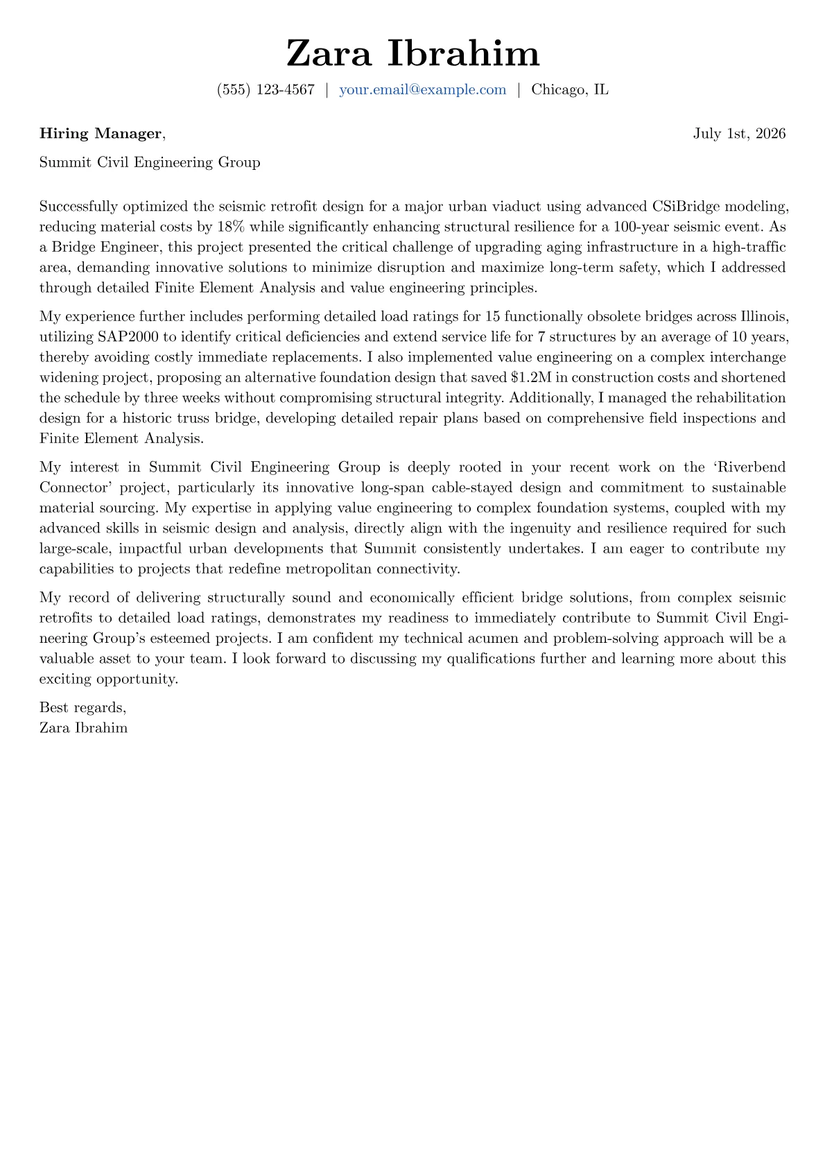Bridge Engineer cover letter formatted with a JobSprout template