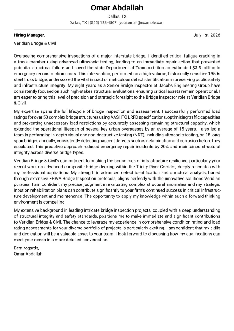 Bridge Inspector cover letter example preview