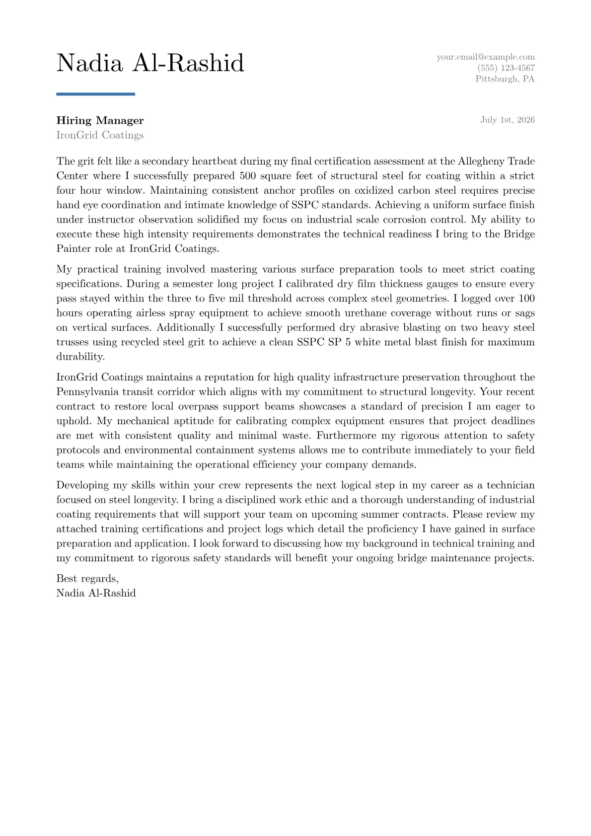 Bridge Painter cover letter in the Executive design