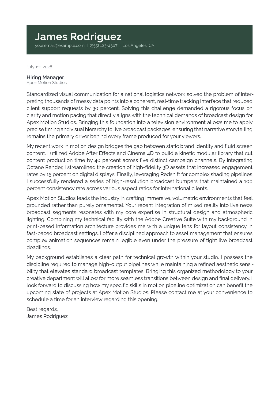 Broadcast Designer cover letter in the Banner design