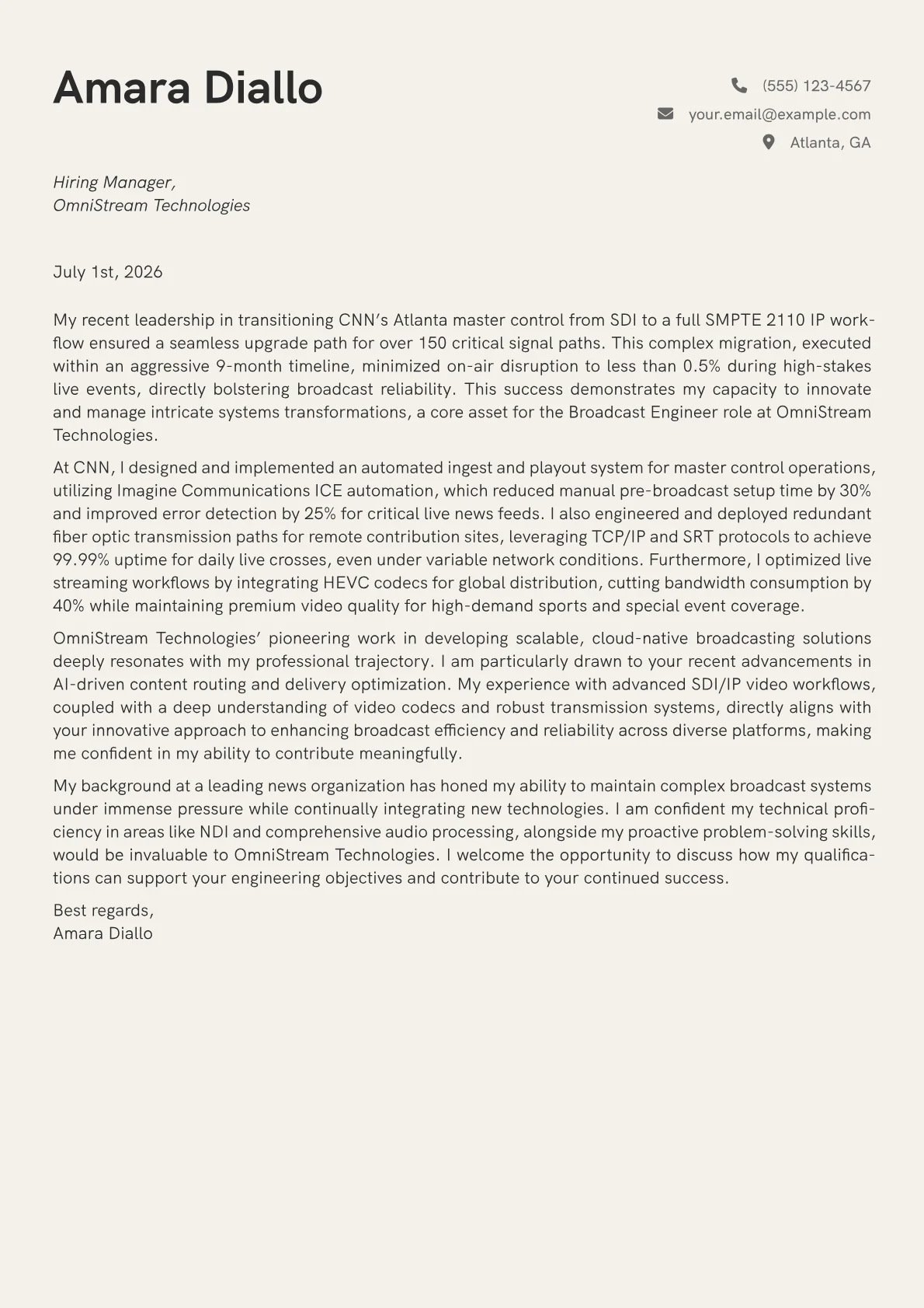 Broadcast Engineer cover letter formatted with a JobSprout template