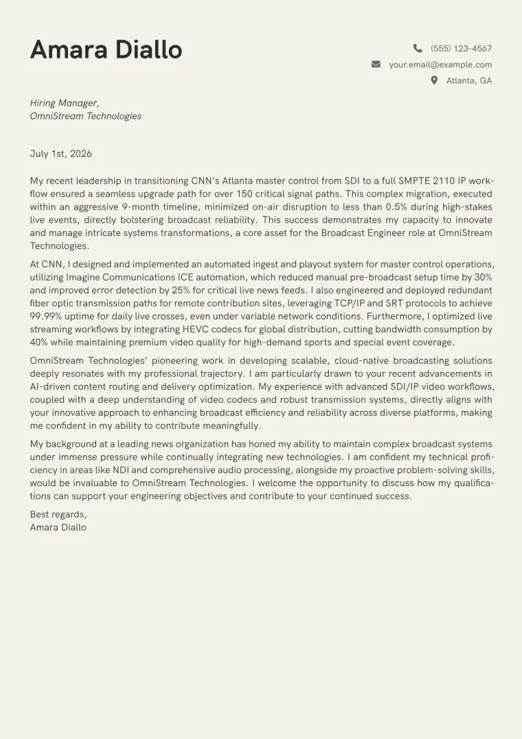 Broadcast Engineer cover letter example