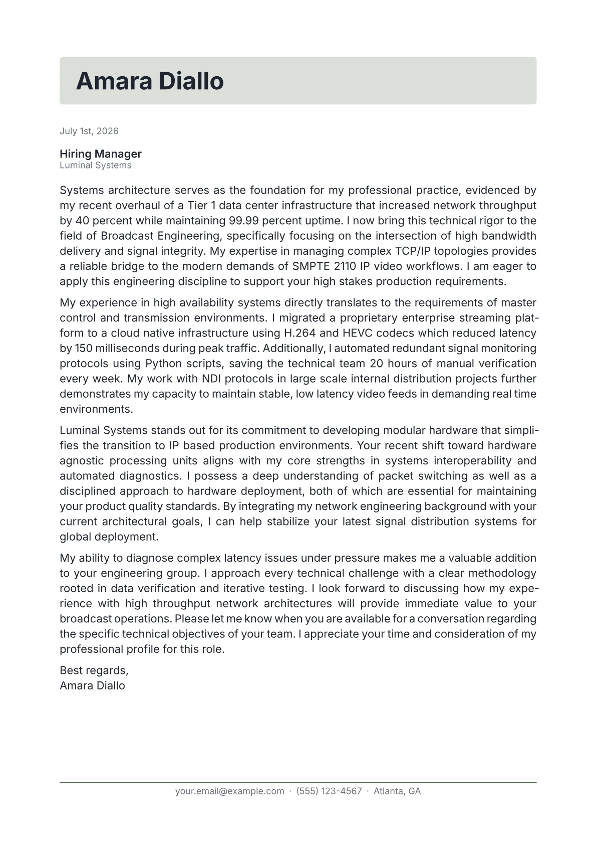 Broadcast Engineer cover letter in the Letterhead design