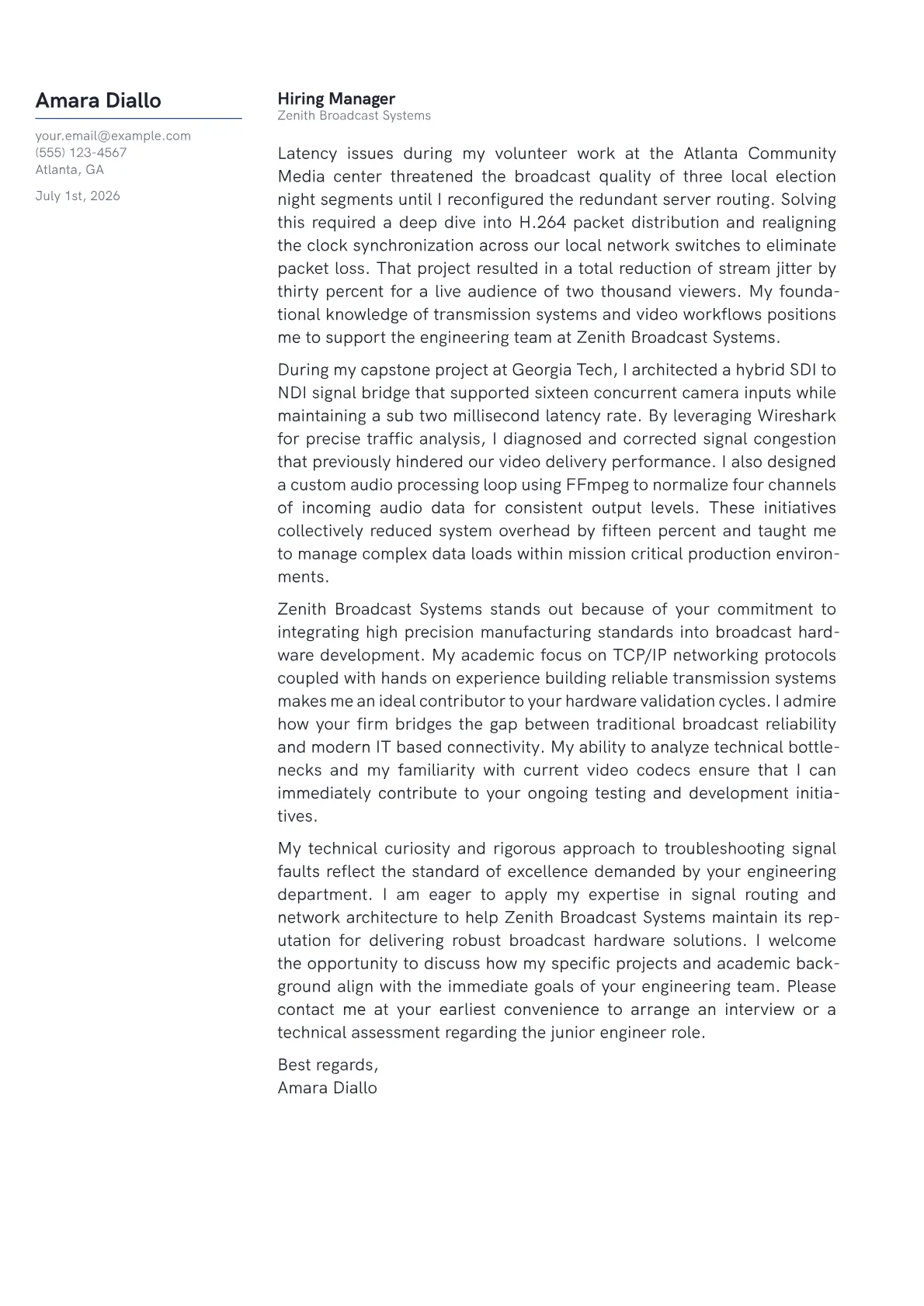 Broadcast Engineer cover letter in the Margin design