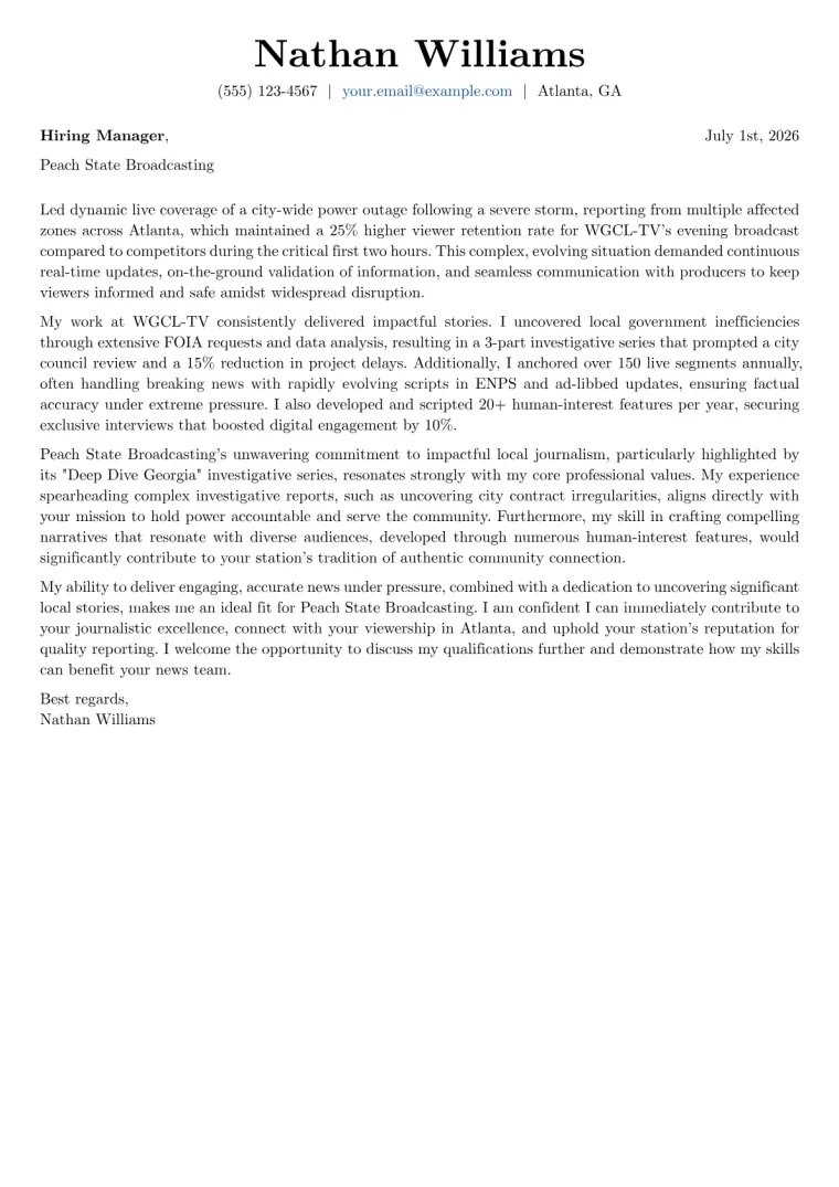 Broadcast Journalist cover letter example preview