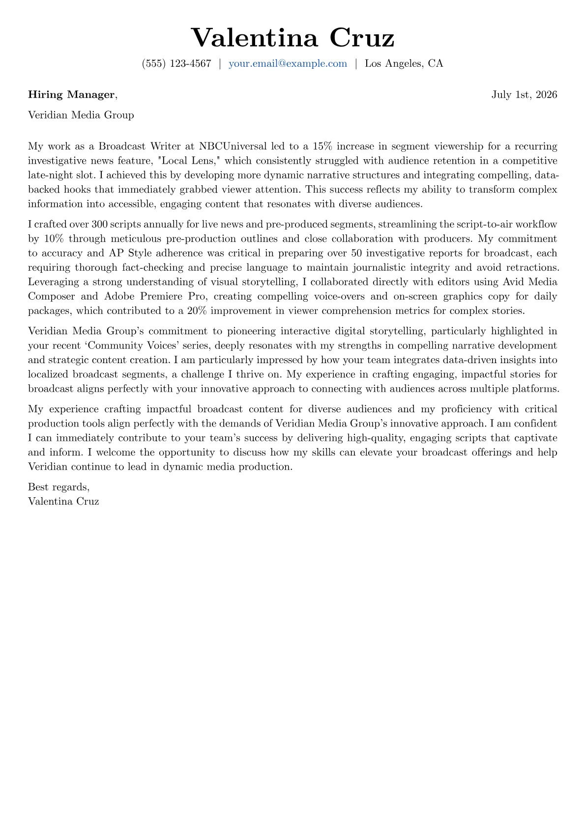 Broadcast Writer cover letter formatted with a JobSprout template