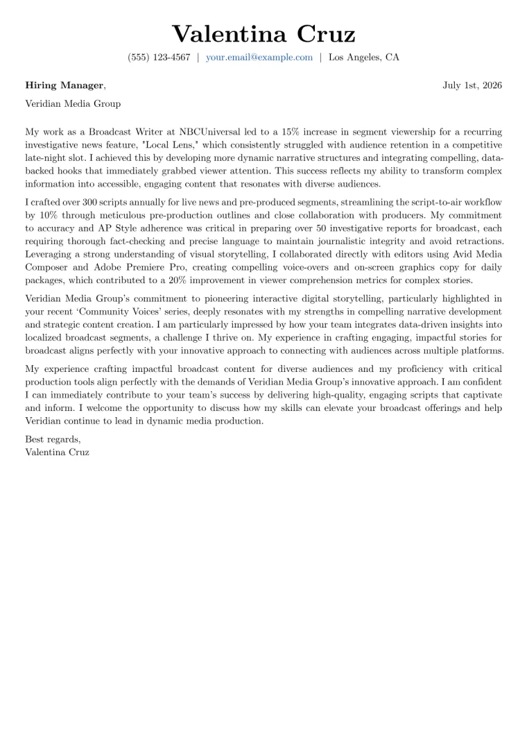 Broadcast Writer cover letter example preview