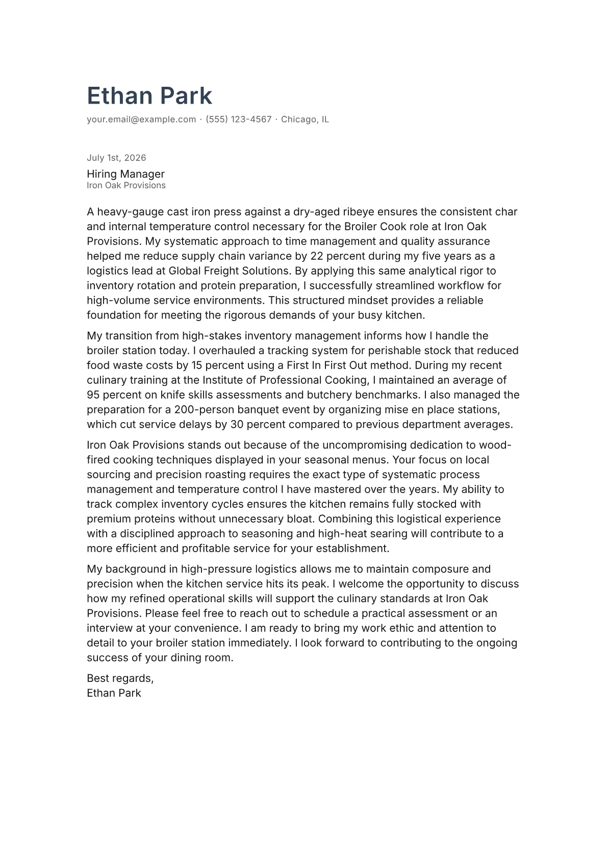Broiler Cook cover letter in the Minimal design