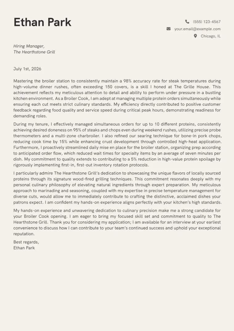 Broiler Cook Cover Letter Example