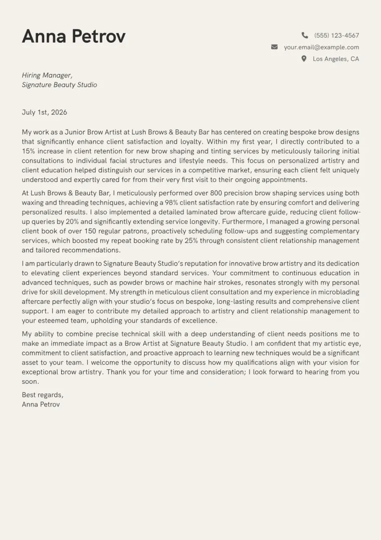 Brow Artist cover letter example preview