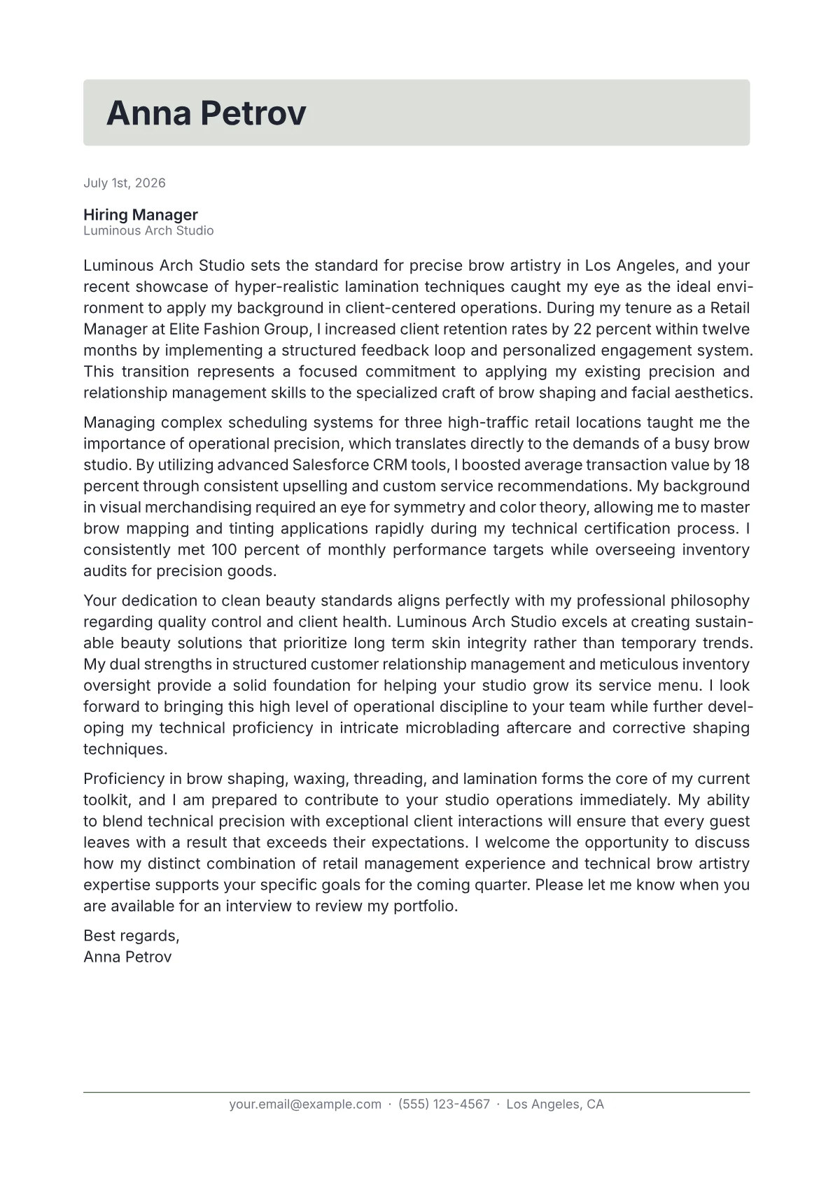 Brow Artist cover letter in the Letterhead design