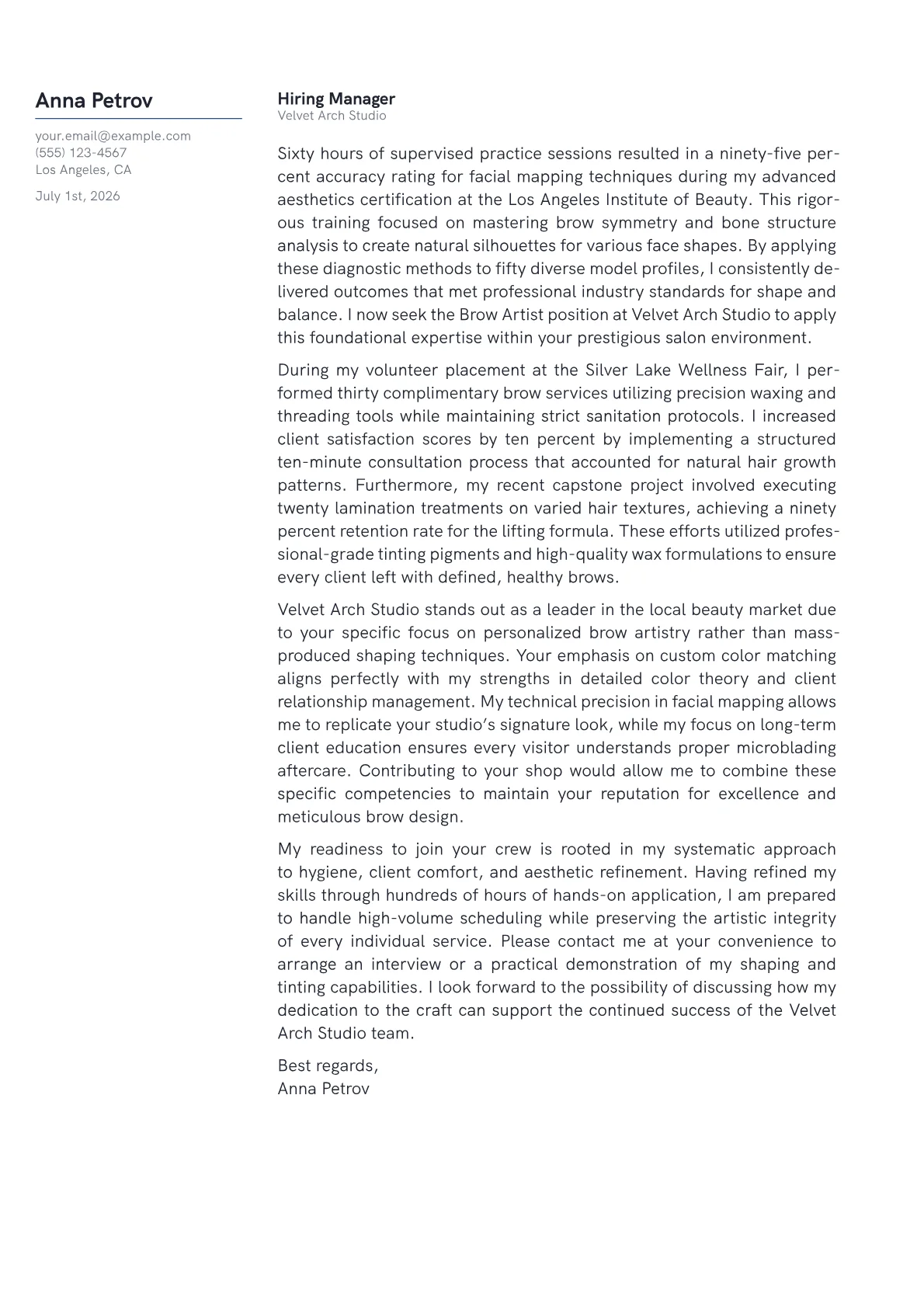 Brow Artist cover letter in the Margin design