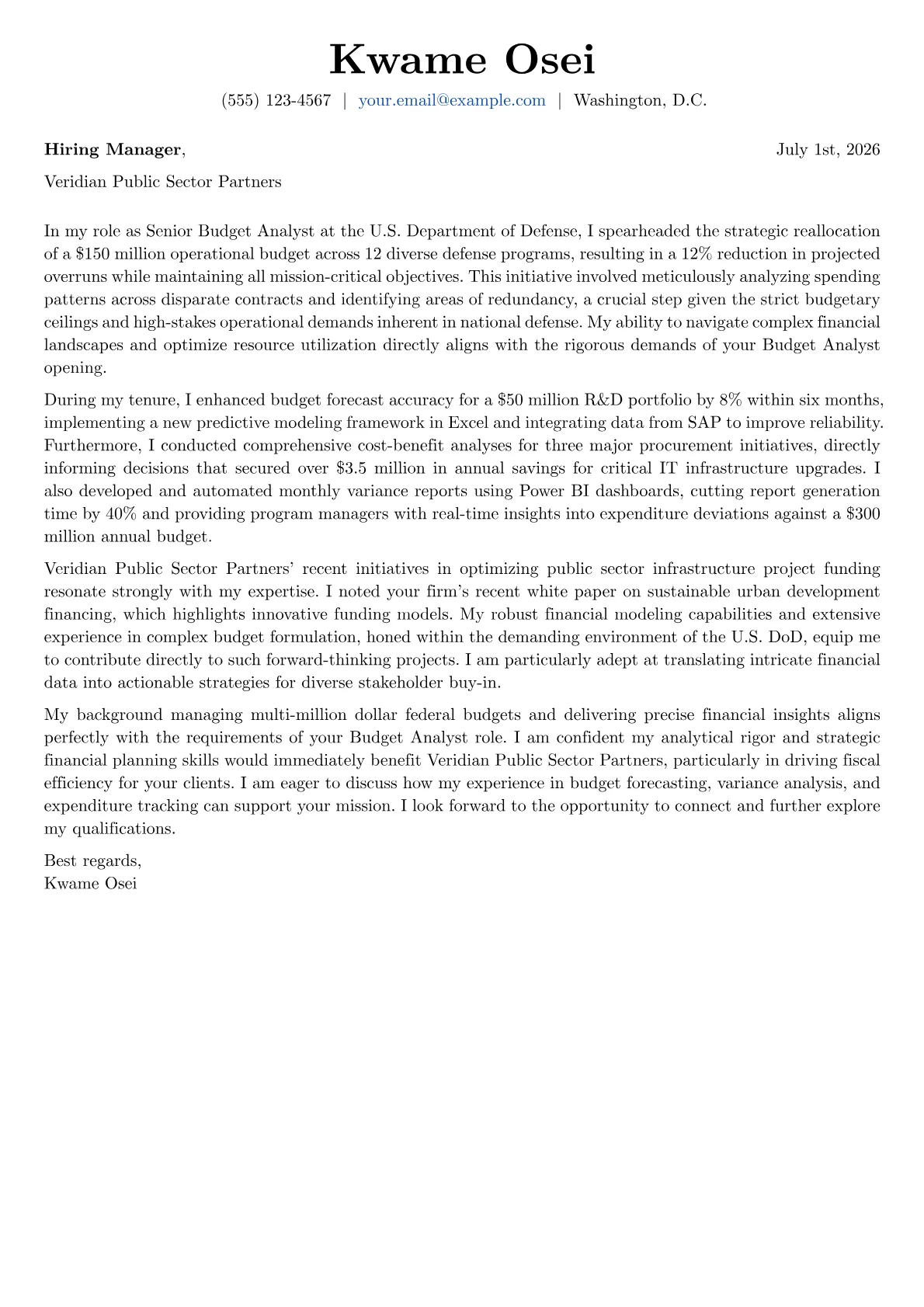 Budget Analyst cover letter formatted with a JobSprout template