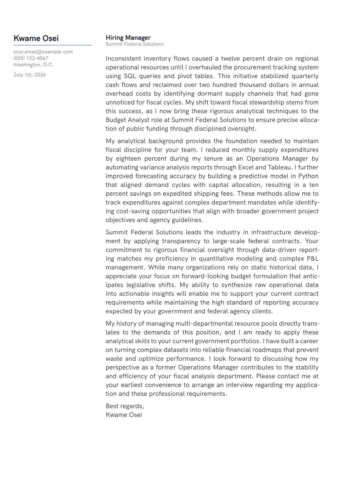 Budget Analyst cover letter in the Margin design