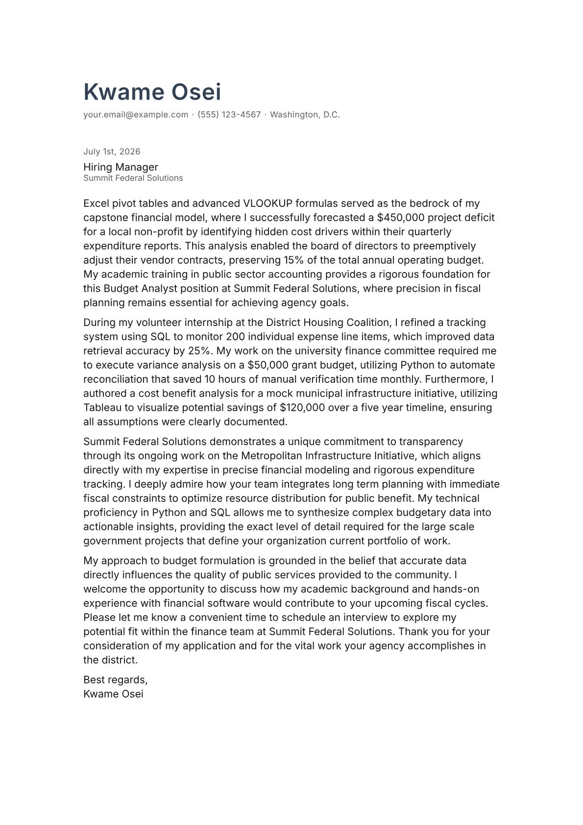 Budget Analyst cover letter in the Minimal design