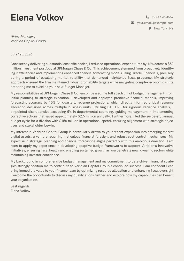 Budget Manager Cover Letter Example