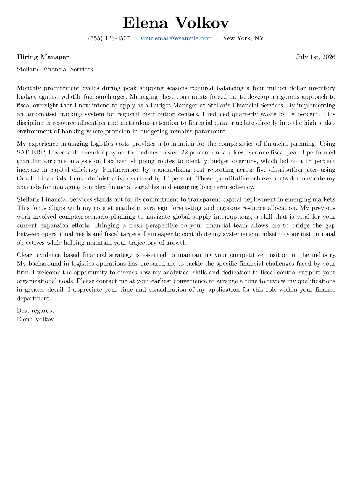 Budget Manager cover letter in the Basic design