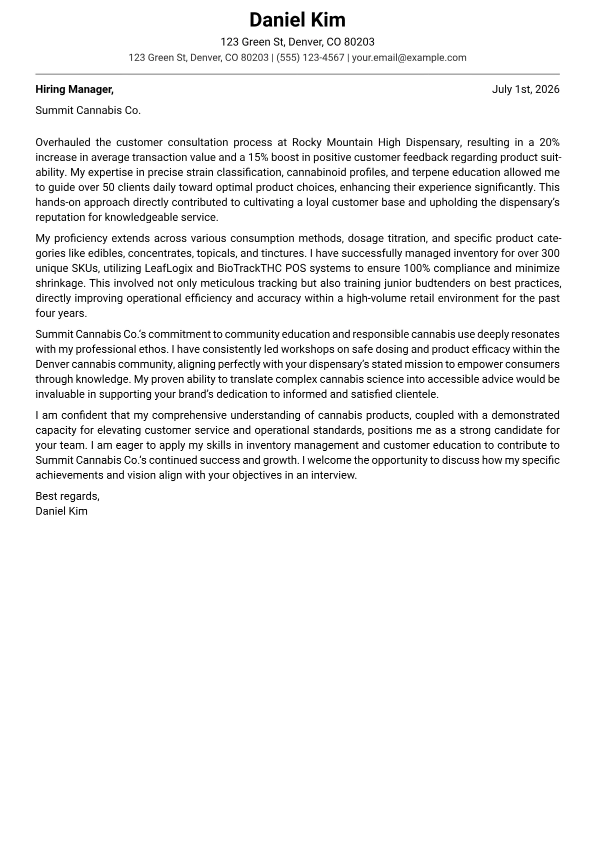 Budtender cover letter formatted with a JobSprout template