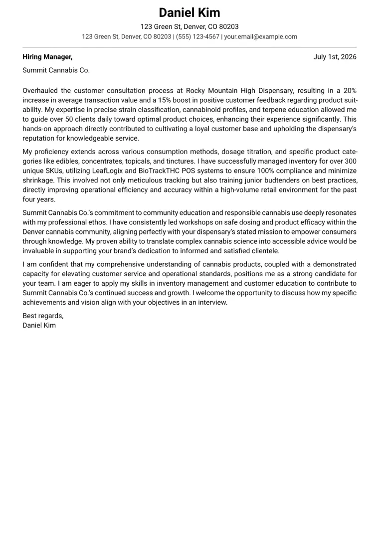 Budtender cover letter example preview