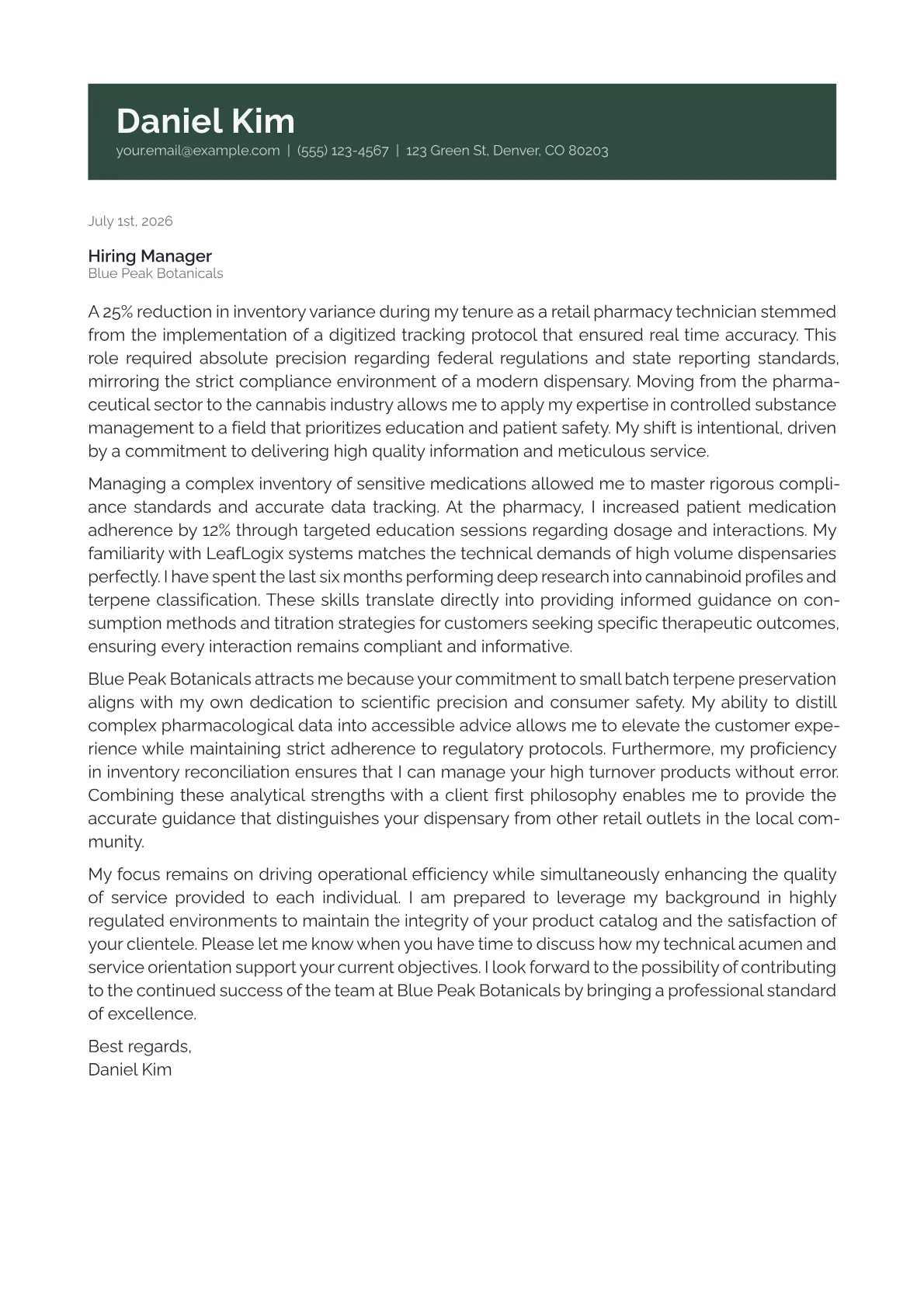 Budtender cover letter in the Banner design