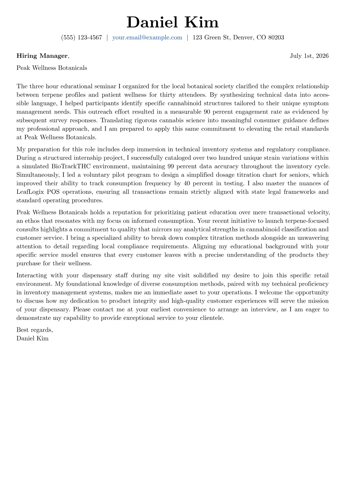 Budtender cover letter in the Basic design