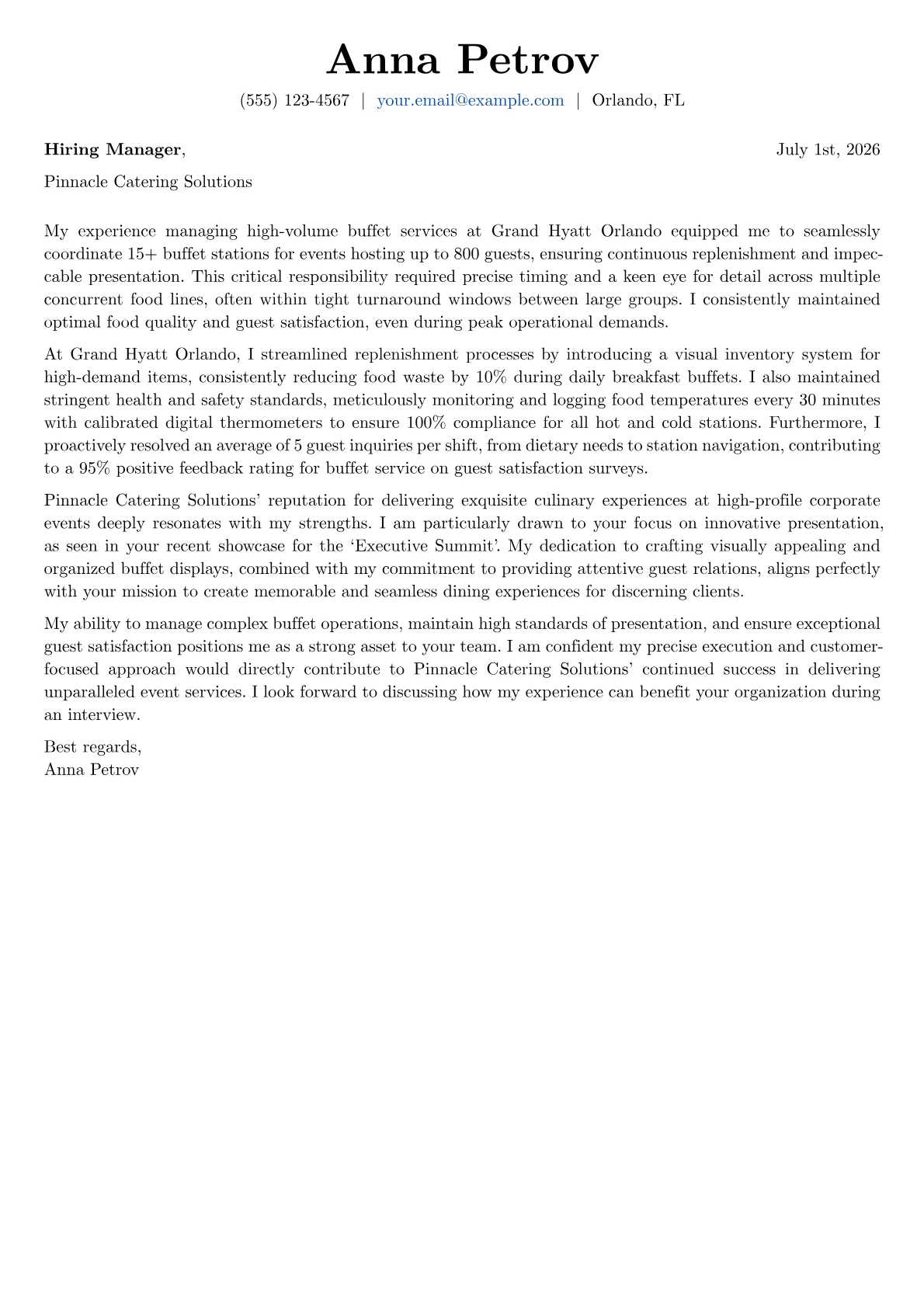 Buffet Attendant cover letter formatted with a JobSprout template