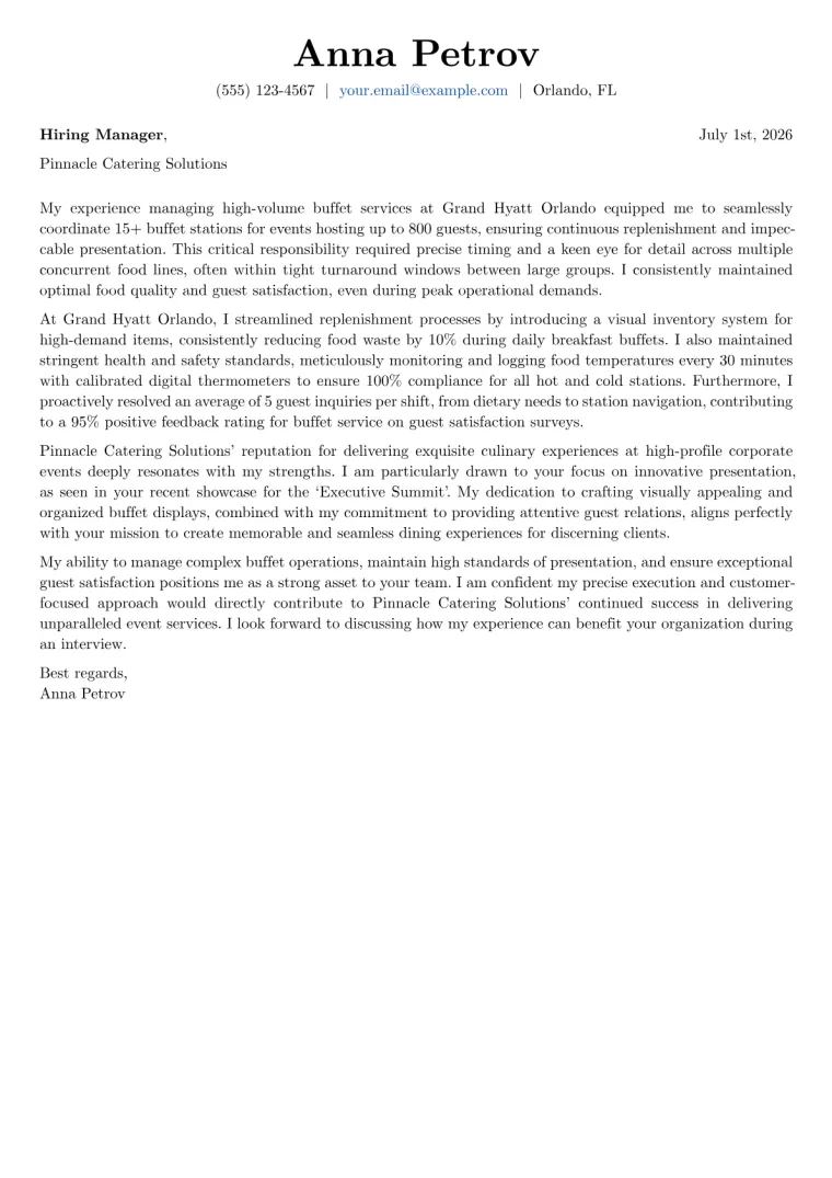 Buffet Attendant cover letter example preview