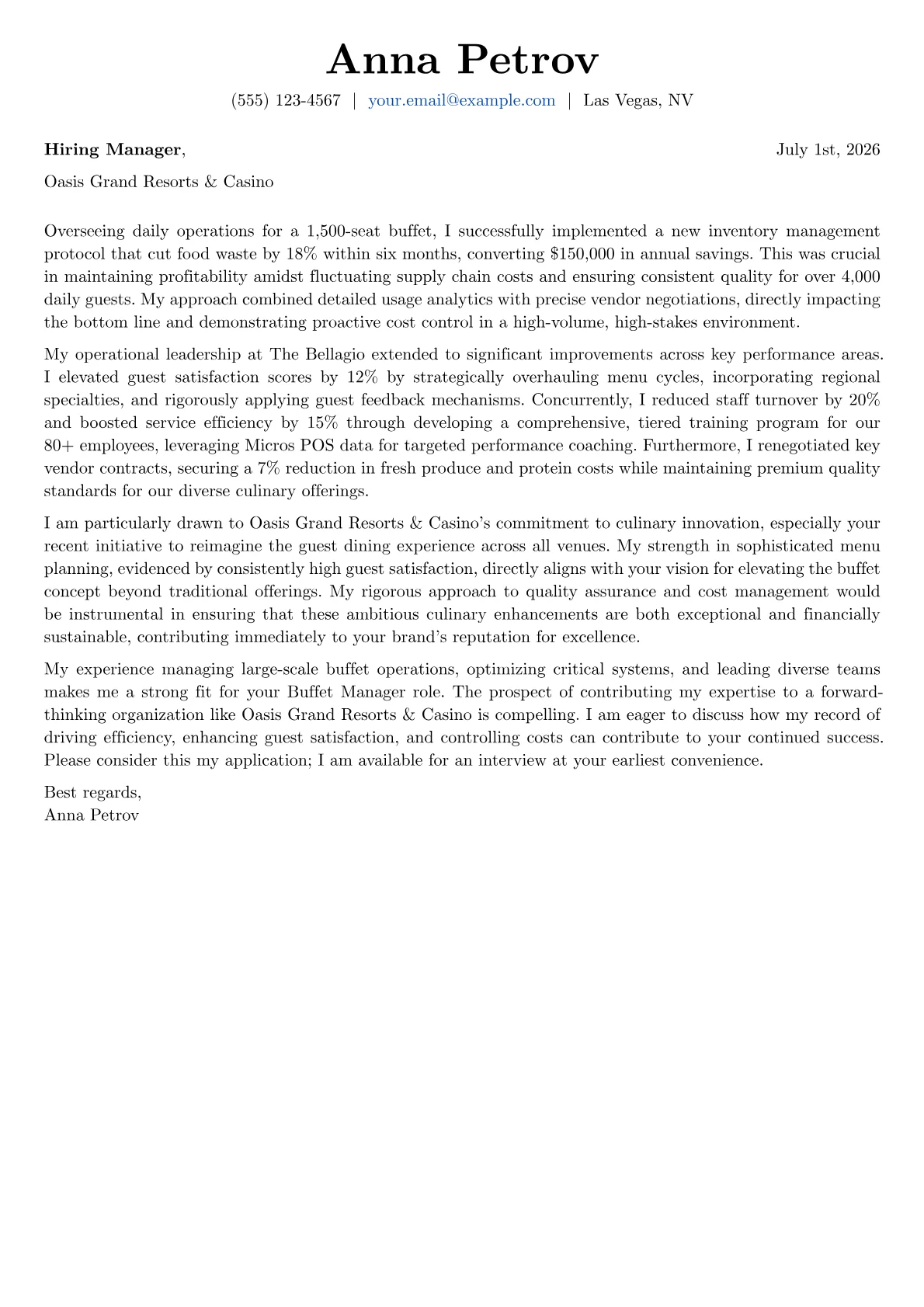 Buffet Manager cover letter formatted with a JobSprout template