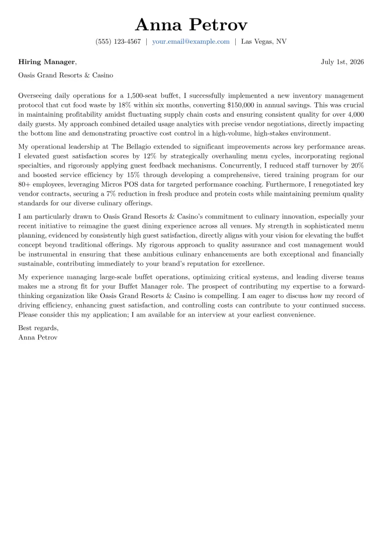 Buffet Manager cover letter example preview