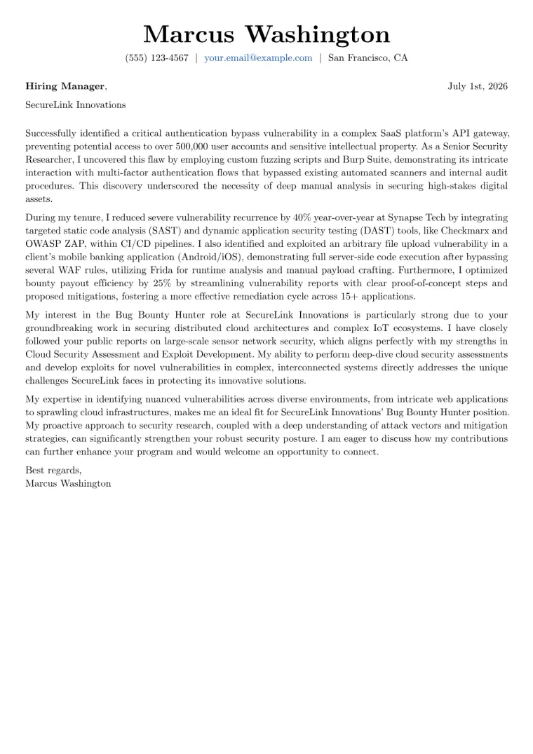 Bug Bounty Hunter Cover Letter Example