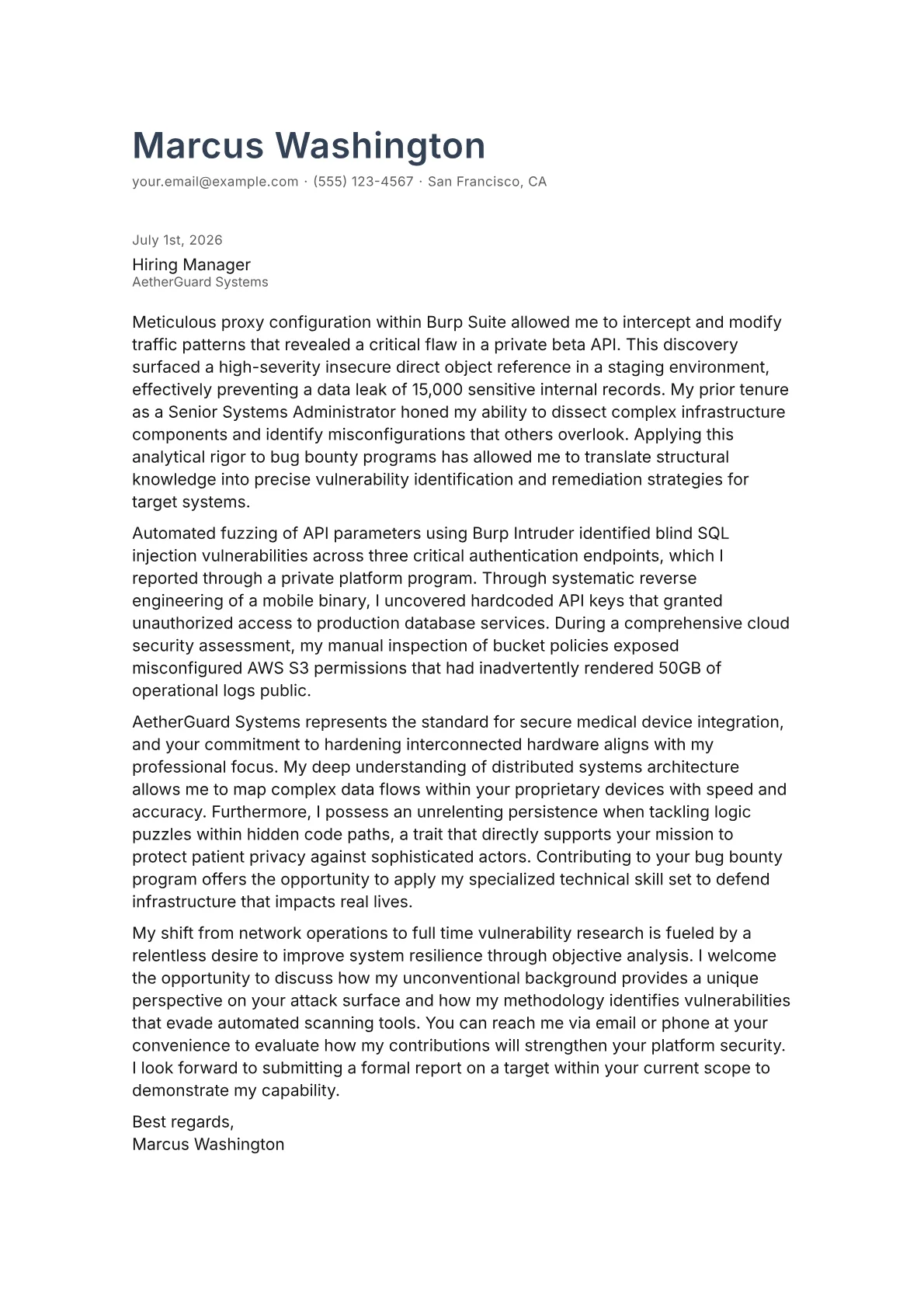 Bug Bounty Hunter cover letter in the Minimal design