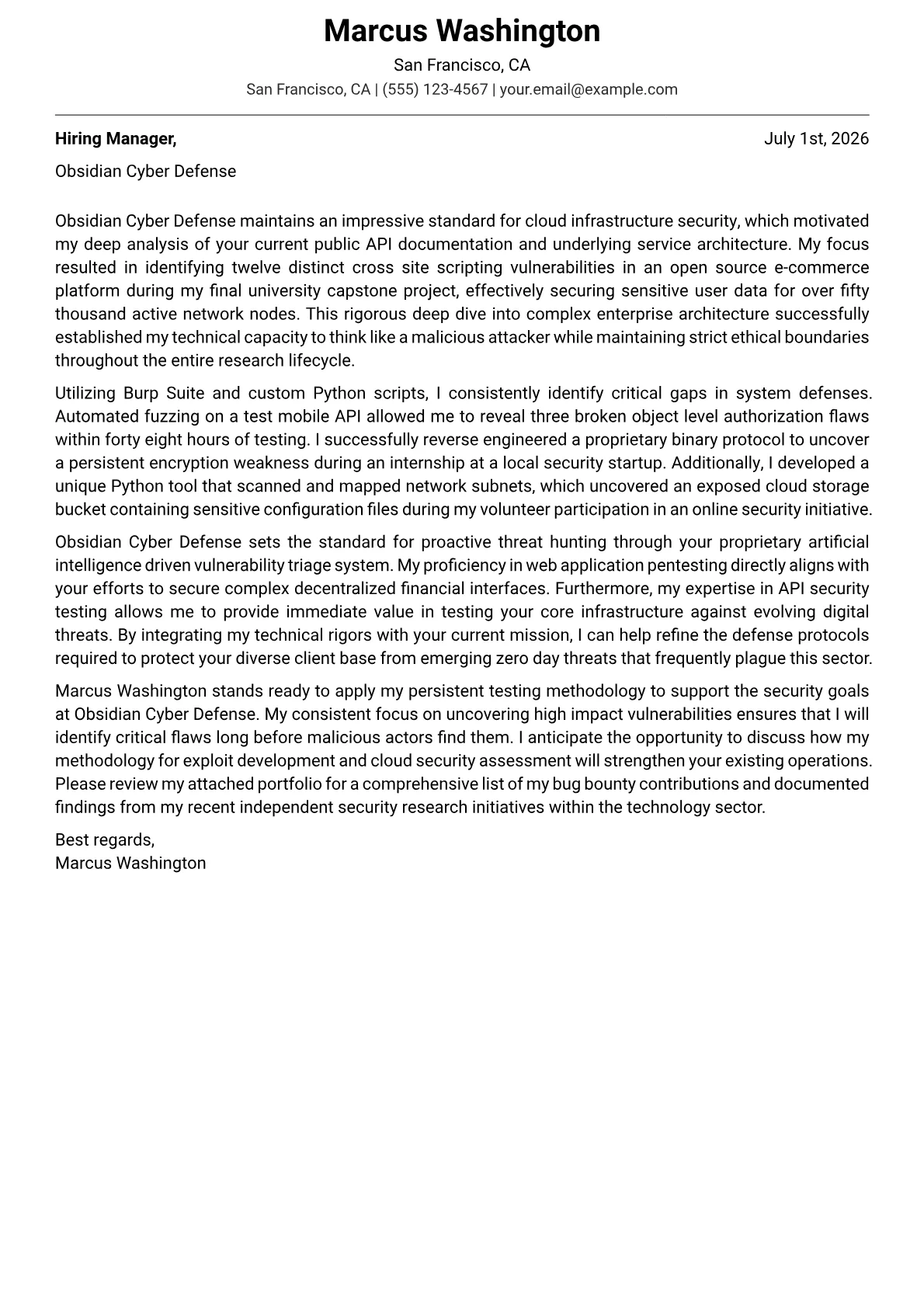 Bug Bounty Hunter cover letter in the Modern design