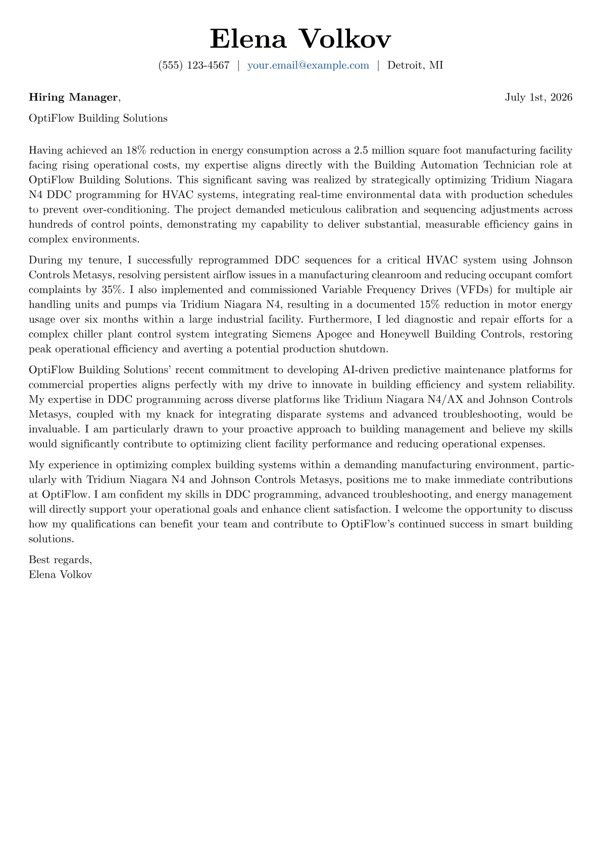 Building Automation Technician cover letter formatted with a JobSprout template