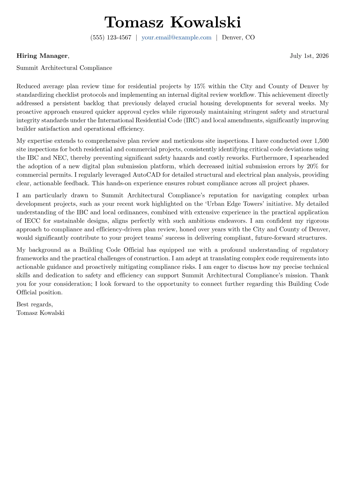 Building Code Official cover letter formatted with a JobSprout template