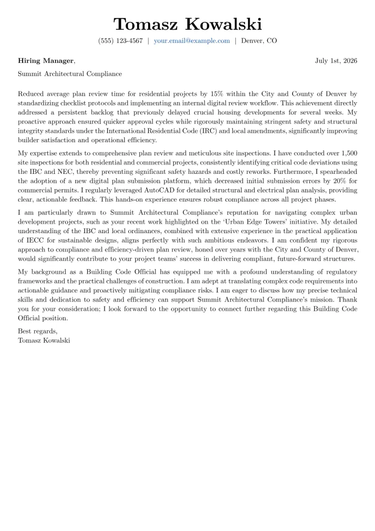 Building Code Official cover letter example preview