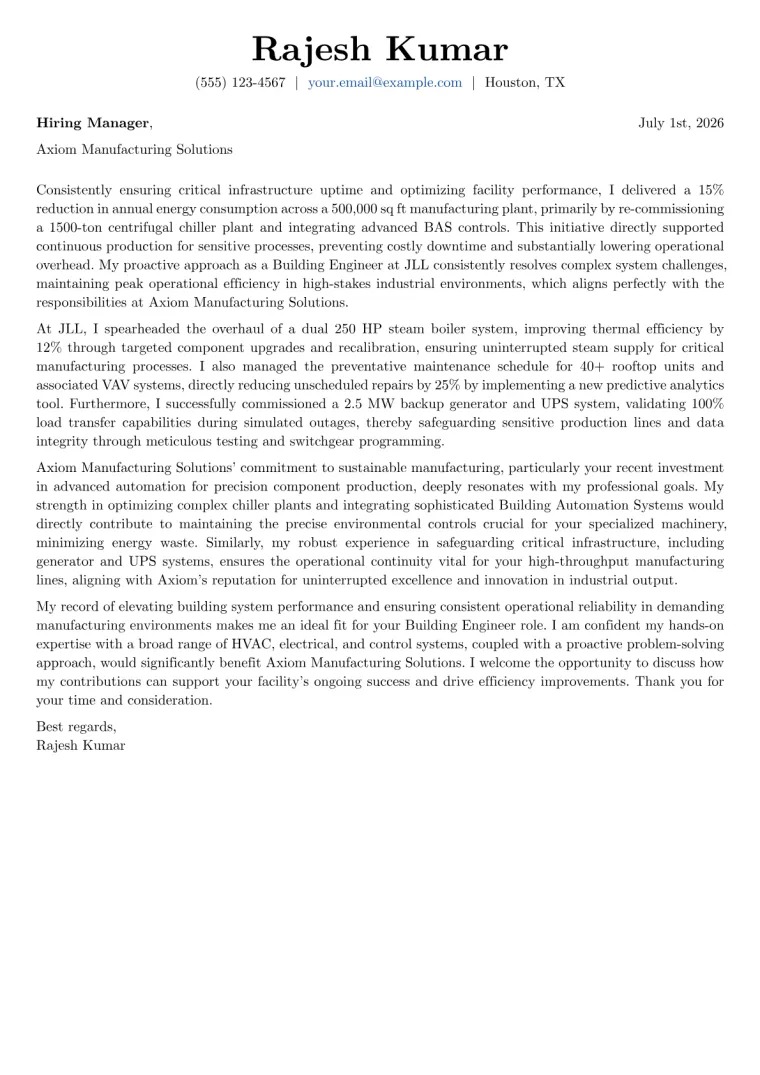 Building Engineer cover letter example