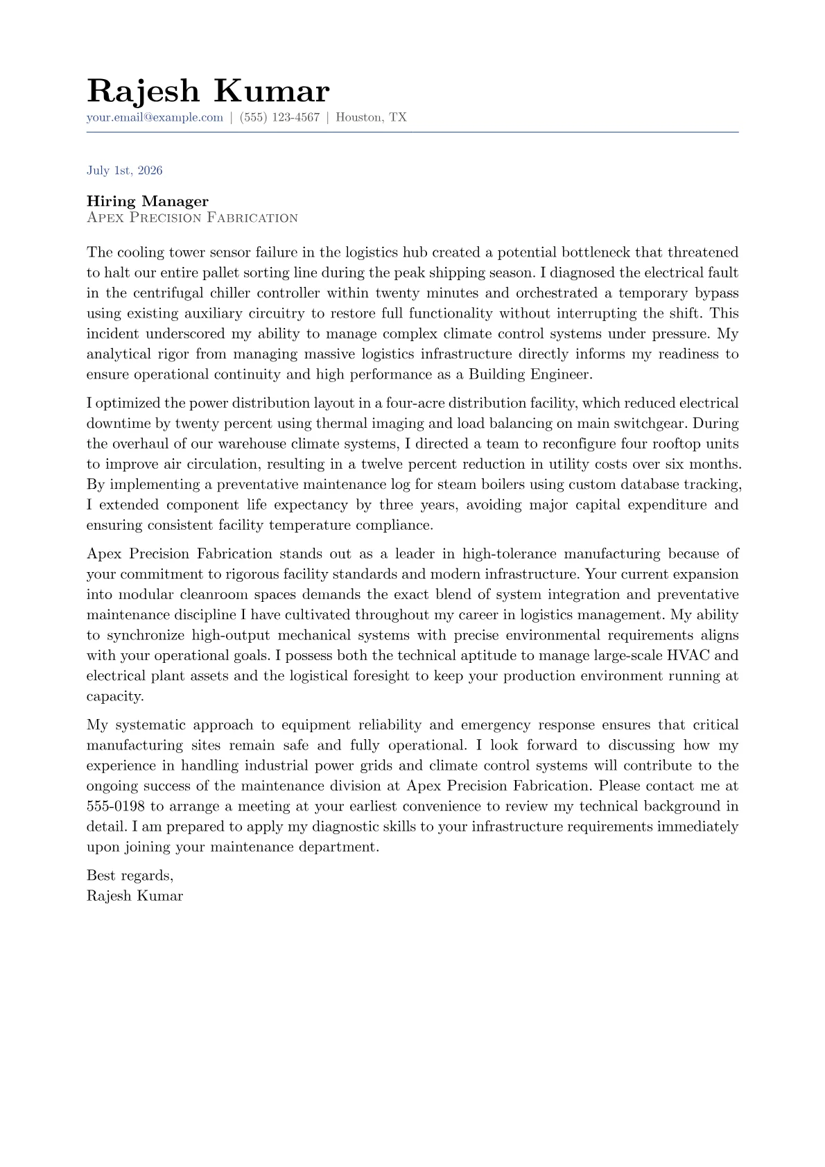 Building Engineer cover letter in the Classic design
