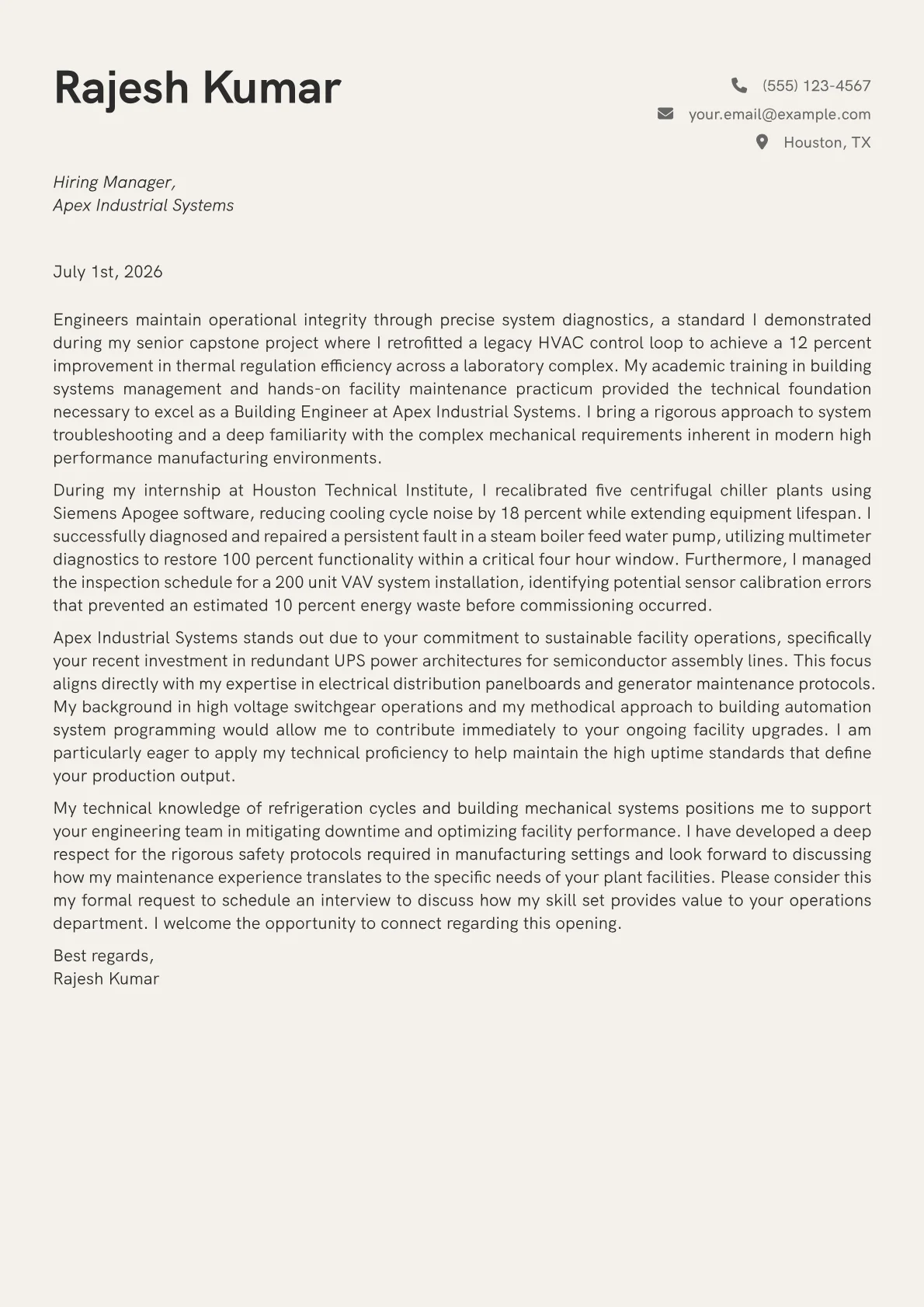 Building Engineer cover letter in the Creative design