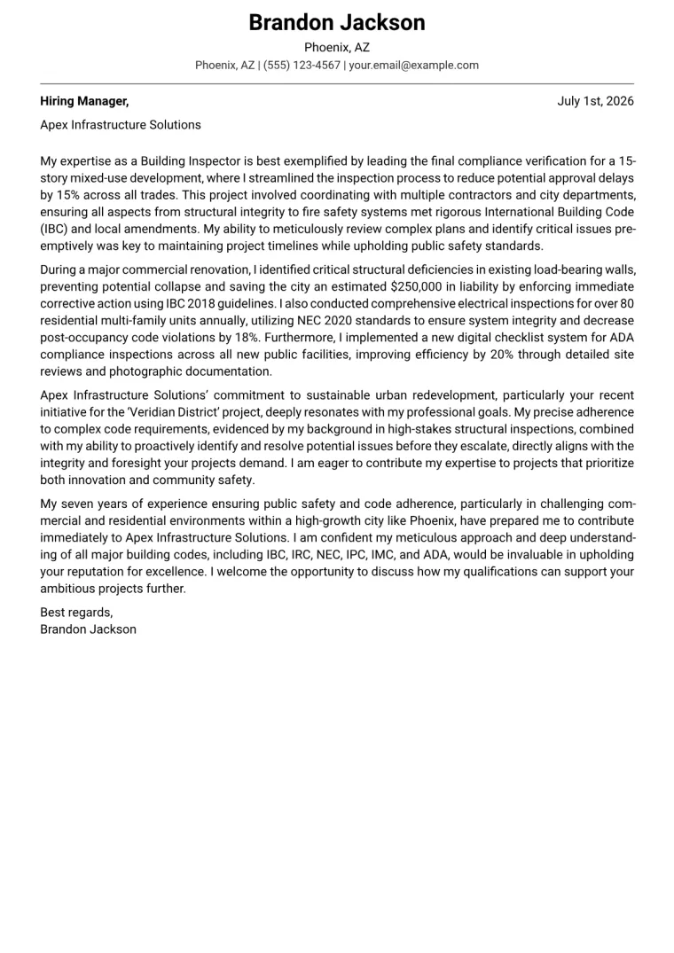 Building Inspector Cover Letter Example