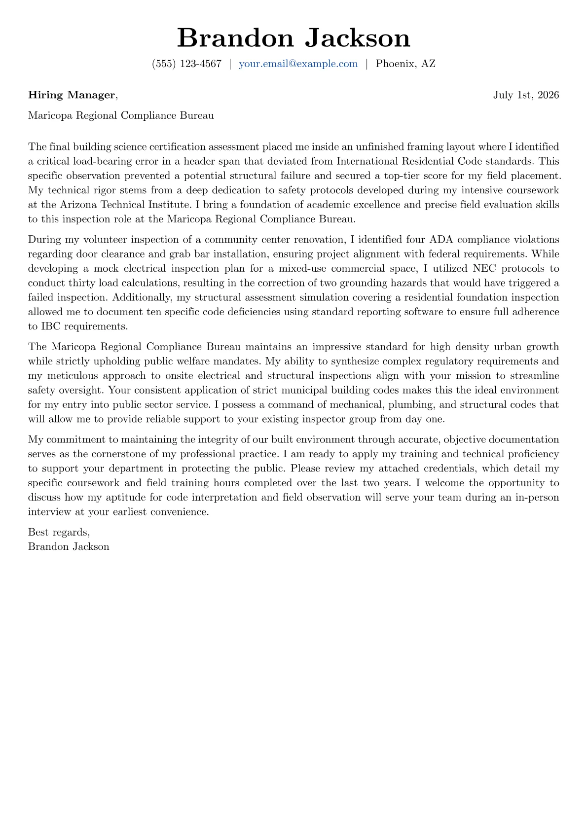 Building Inspector cover letter in the Basic design