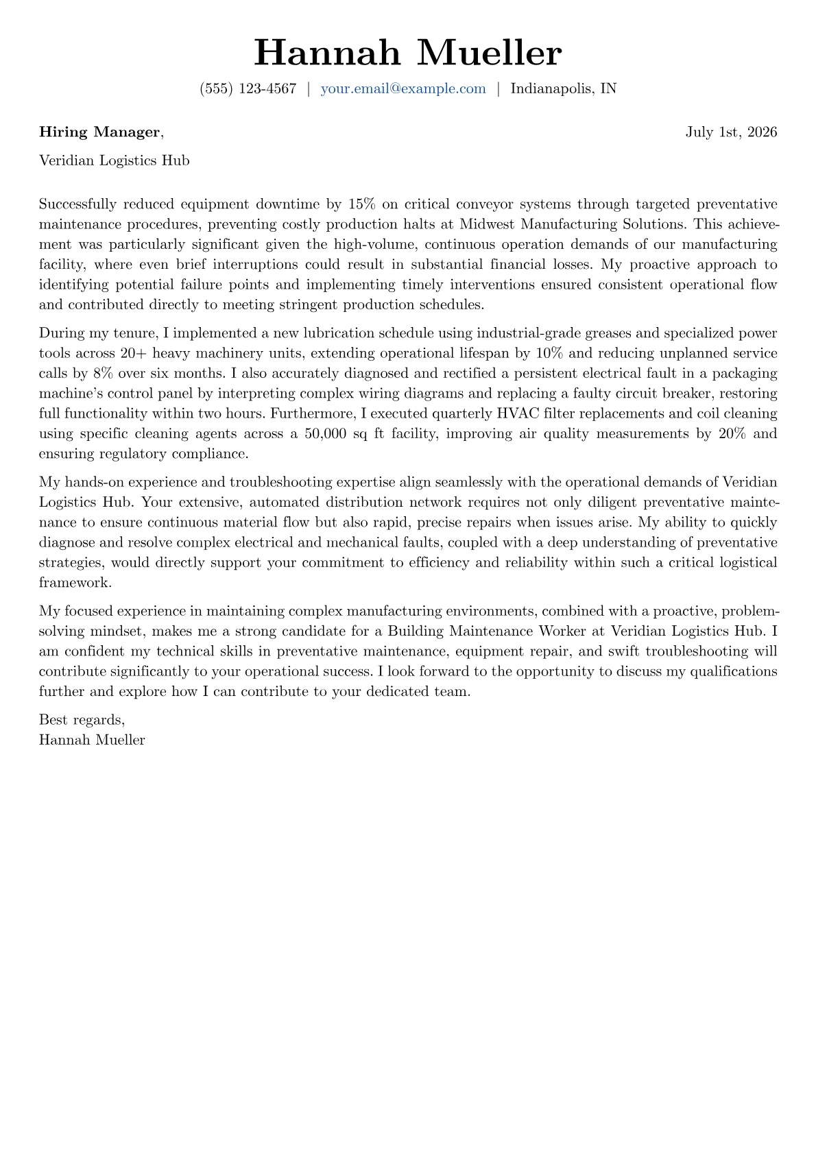 Building Maintenance Worker cover letter formatted with a JobSprout template