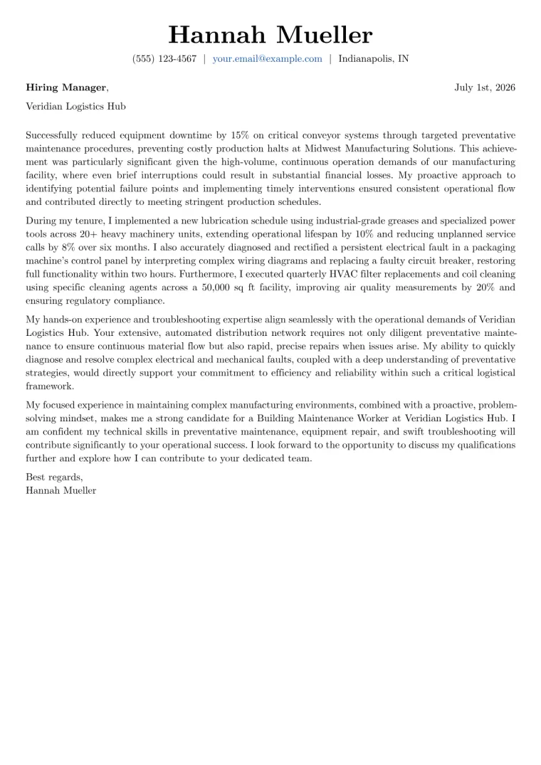 Building Maintenance Worker cover letter example preview