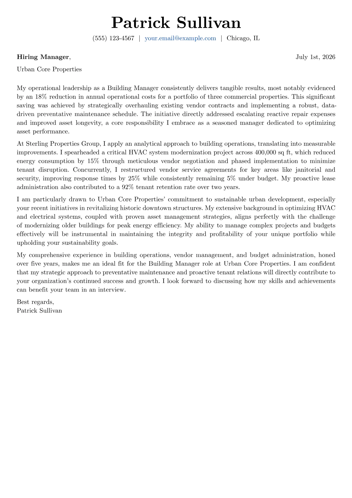 Building Manager cover letter formatted with a JobSprout template